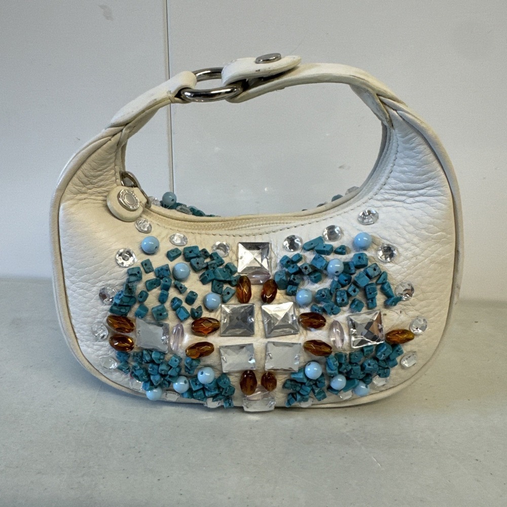 Vintage Cole Haan Mini Hobo Bag White Leather Brown Beaded Geometric